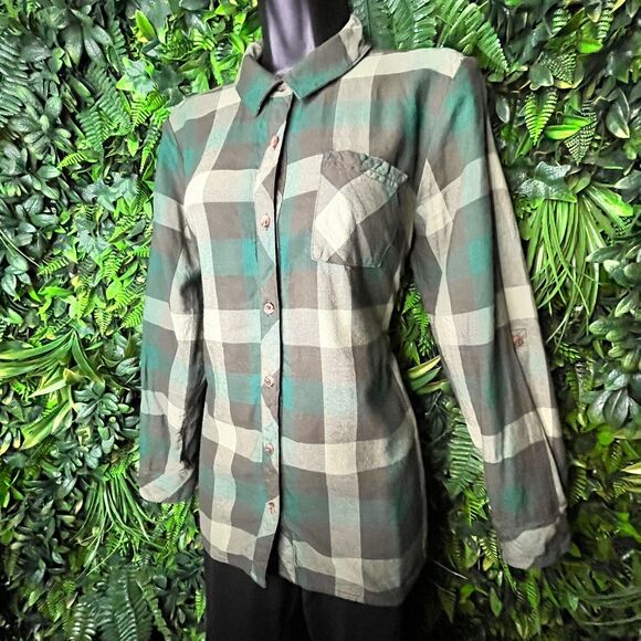 Isaac Mizrahi Live Tops Women 6‎ Green Button Shirt Blouse Collared Plaid 0534 - Picture 1 of 13